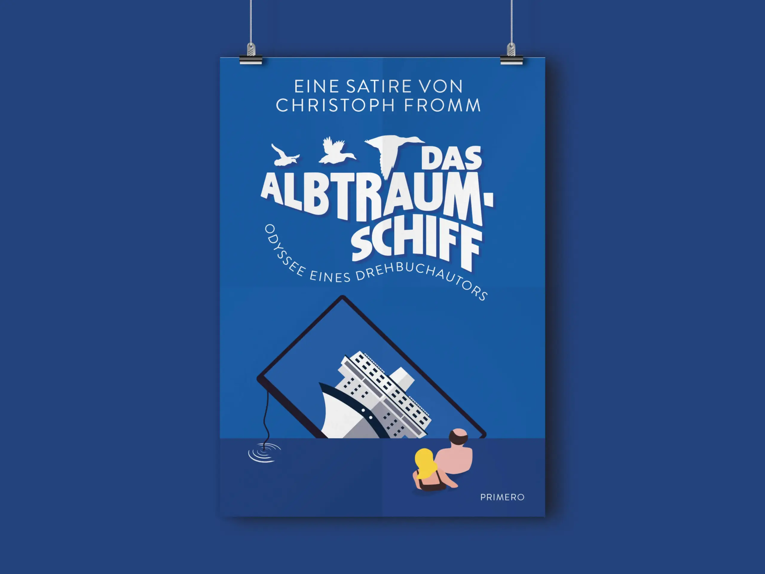 Farbenfrohe Cover-Gestaltung für die Filmsatire ‚Das Albtraumschiff‘ von Christoph Fromm, Primero Verlag. Modernes Grafikdesign für humoristische Belletristik mit Fokus auf prägnanter Typografie.