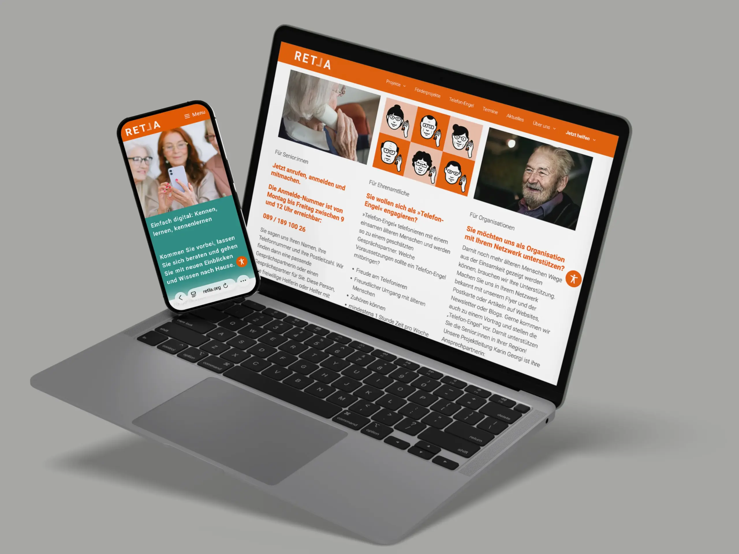 Barrierefreies Webdesign für Retla e.V. – Eine übersichtliche und warm gestaltete Benutzeroberfläche zur Förderung sozialer Projekte gegen Einsamkeit im Alter.