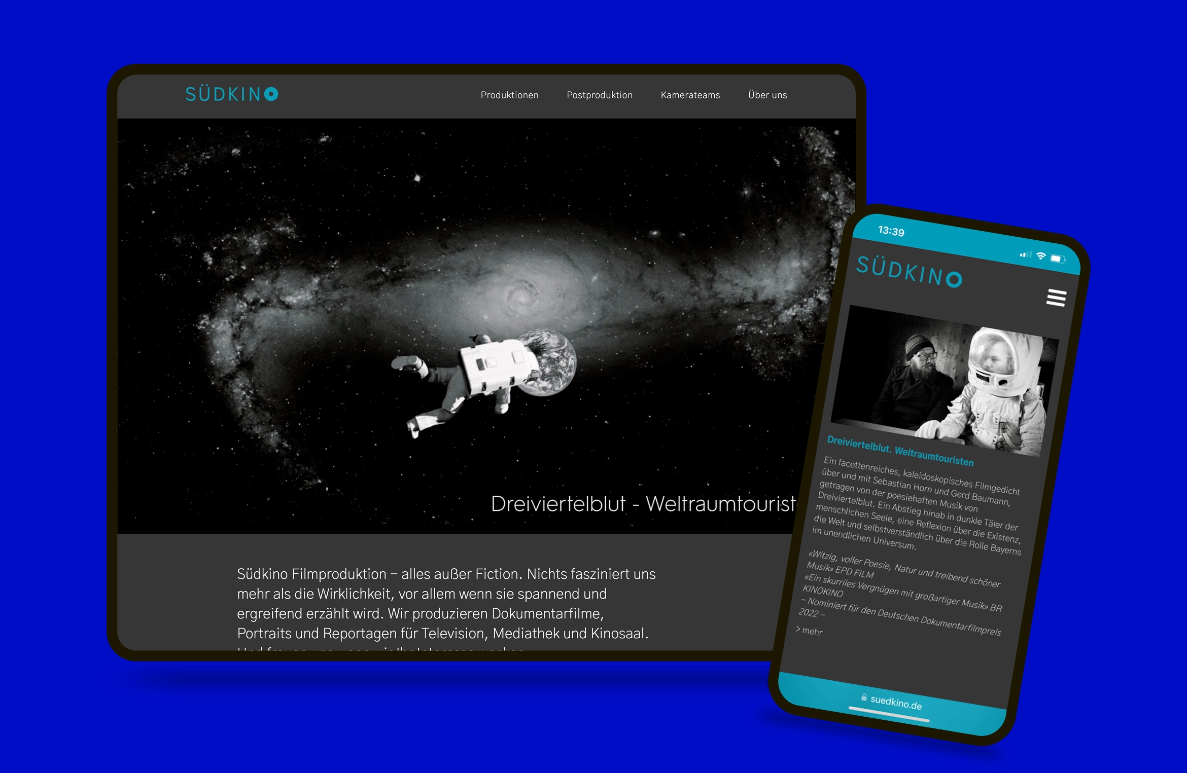 Webdesign-Case für Südkino Filmproduktion: Übersichtliches Portfolio-Interface mit intuitiver Filterfunktion für Dokumentarfilme, Portraits und Reportagen.
